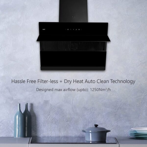 KAFF NOBELO LX DHC 75 Filter-less Auto Clean Slant Kitchen Chimney 75 CM with 1250 m3/hr Suction Capacity, Touch with Motion Sensor Control, Automatic Open Glass Panel (Black) - Image 4