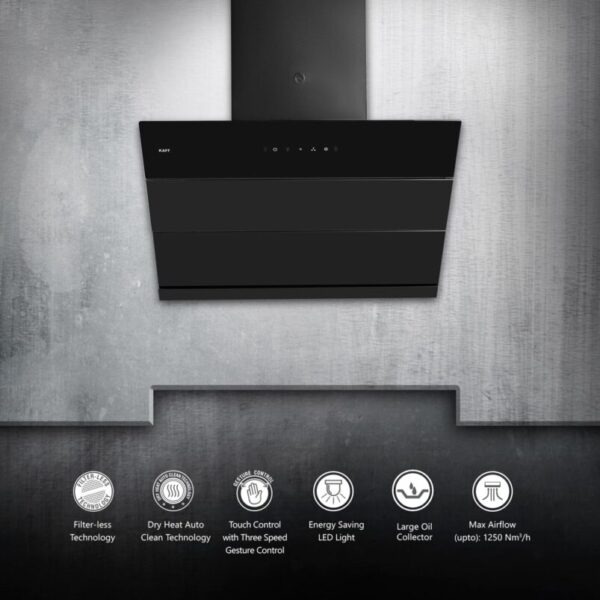 KAFF NOBELO LX DHC 75 Filter-less Auto Clean Slant Kitchen Chimney 75 CM with 1250 m3/hr Suction Capacity, Touch with Motion Sensor Control, Automatic Open Glass Panel (Black) - Image 8