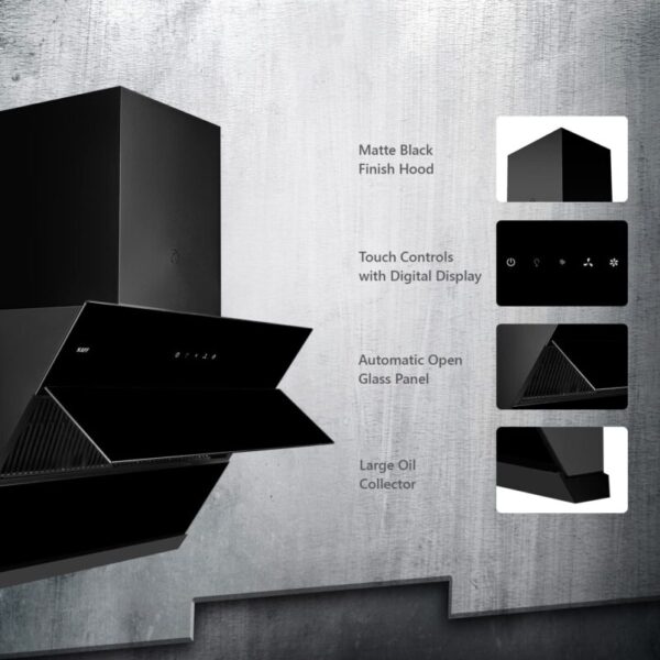 KAFF NOBELO LX DHC 75 Filter-less Auto Clean Slant Kitchen Chimney 75 CM with 1250 m3/hr Suction Capacity, Touch with Motion Sensor Control, Automatic Open Glass Panel (Black) - Image 5