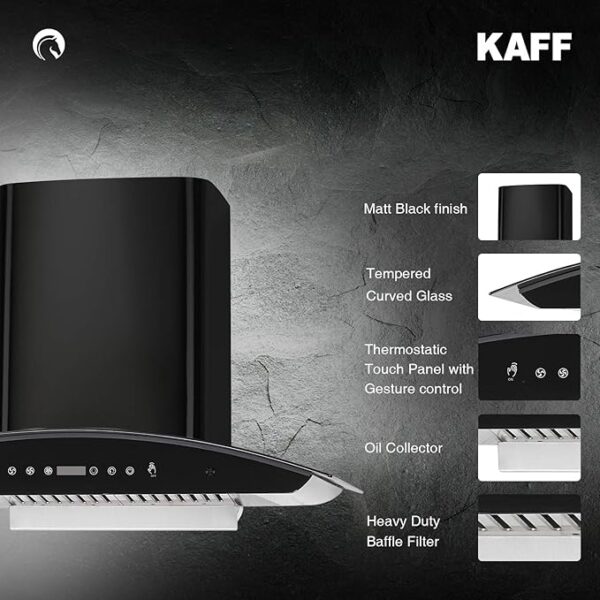 KAFF PRIMA TX DHC 75 Baffle Filter Auto Clean Curved Glass Kitchen Chimney 75 CM with 1180 m3/hr Suction Capacity, Touch with Motion Sensor Control, Energy Saving LED Lights (Black) - Image 5