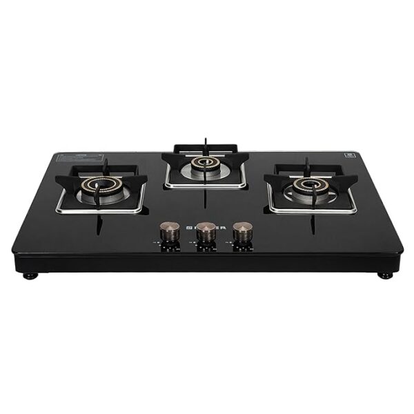 Faber 3 Burner Auto-Ignition Cooktop|NiOS AUTO 3BB BK|Battery Operated|Metal Knobs|Brass Burners|Cast Iron Pan Support|Black Glass Finish