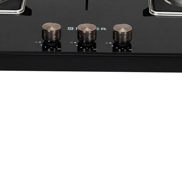 Faber 3 Burner Auto-Ignition Cooktop|NiOS AUTO 3BB BK|Battery Operated|Metal Knobs|Brass Burners|Cast Iron Pan Support|Black Glass Finish - Image 4