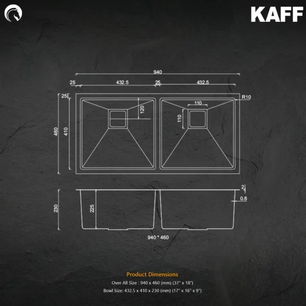 Kaff Stainless Steel Sink Marco Series DOUBLE BOWL KS 940 DB R10 ( 37 x 18 inches ) - Satin - Image 3