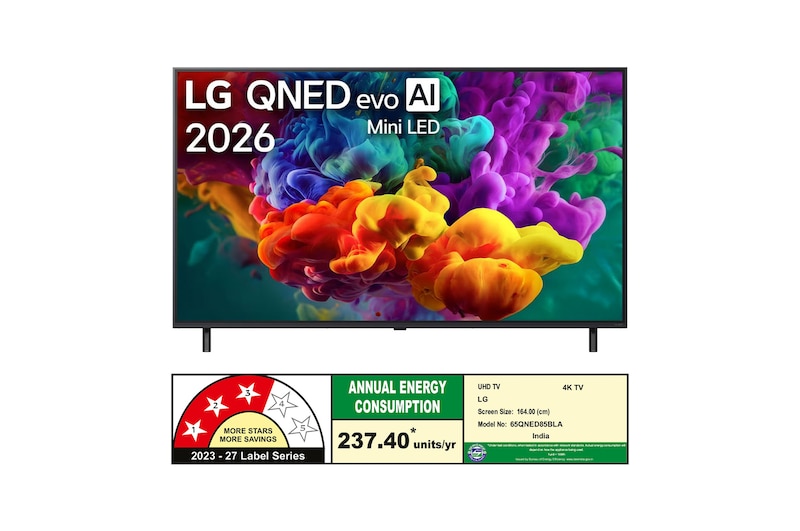 LG  164 cm (65) QNED evo AI 4K MiniLED TV 65QNED85BLA with α8 AI Processor Gen3, with HDR10 Pro 2026
