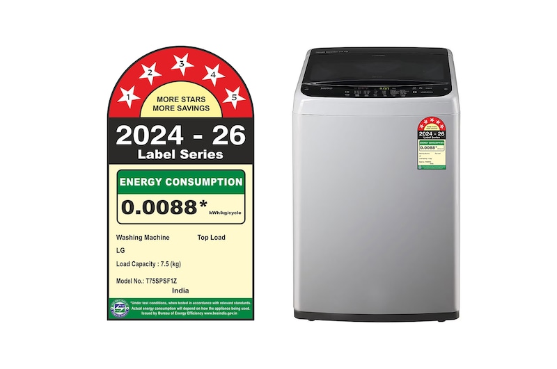 LG 7.5Kg Top Load Washing Machine, Smart Inverter Motor, Middle Free Silver, 5 Star