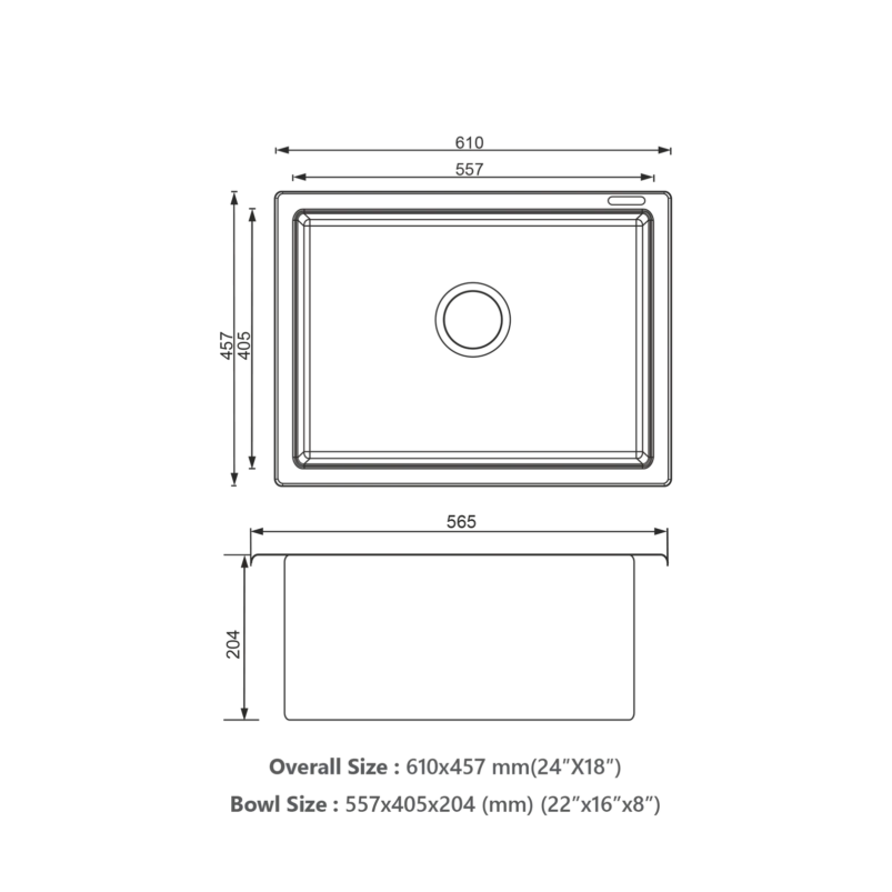 KAFF KSG 24 SB BLK: 24×18 Black Granite Single Bowl