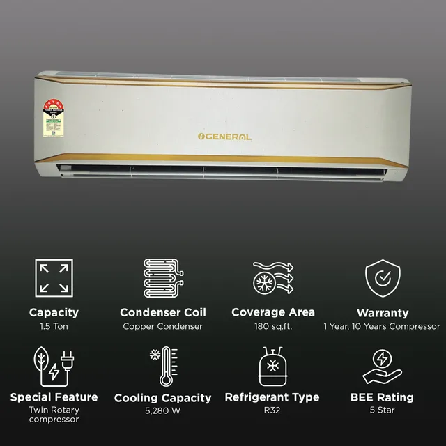 O General 1.5 Ton 5 Star Inverter Split AC, ASGG18CEAC-B, 2026 - Image 2