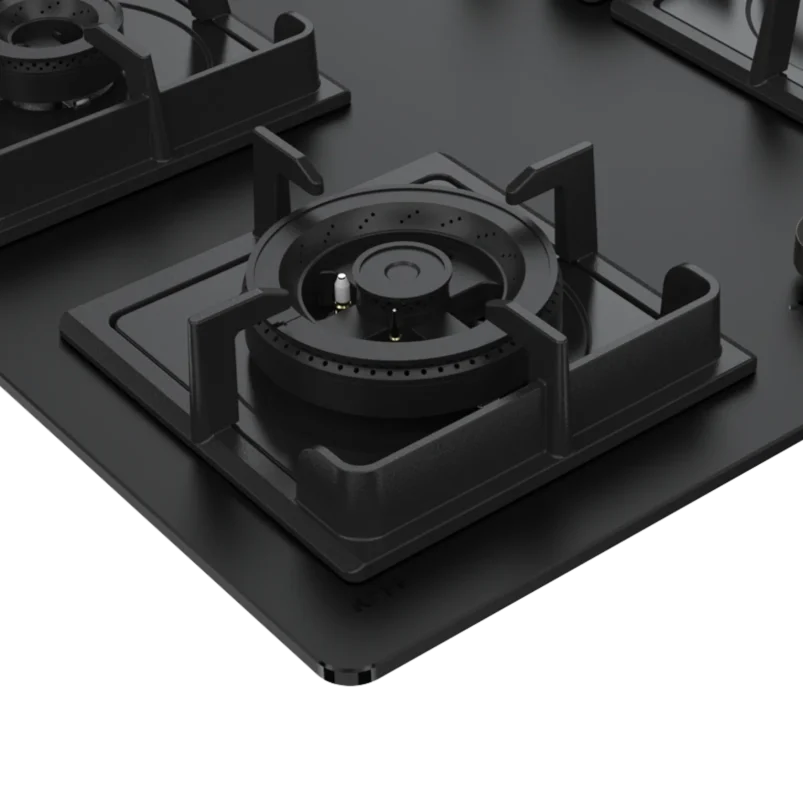 NYG 64B - Built-in Hob 4 Full Brass High Efficiency Burners, Premium Frosted Black Glass with Round Edges - Image 3